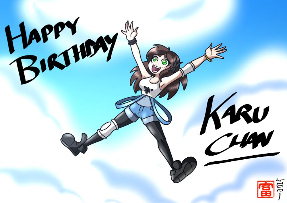 Faith (OC from Karu), the brown little girl with green eyes, falling from the skies with the mesages "Happy Birthday Karu Chan"
