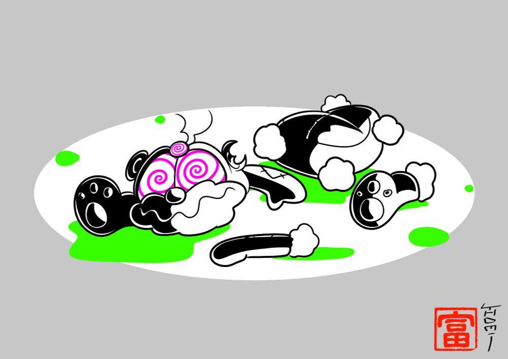 Sitri, the demon sealed in a teddybear, lying on the ground, torn apart and dizzy with green substance