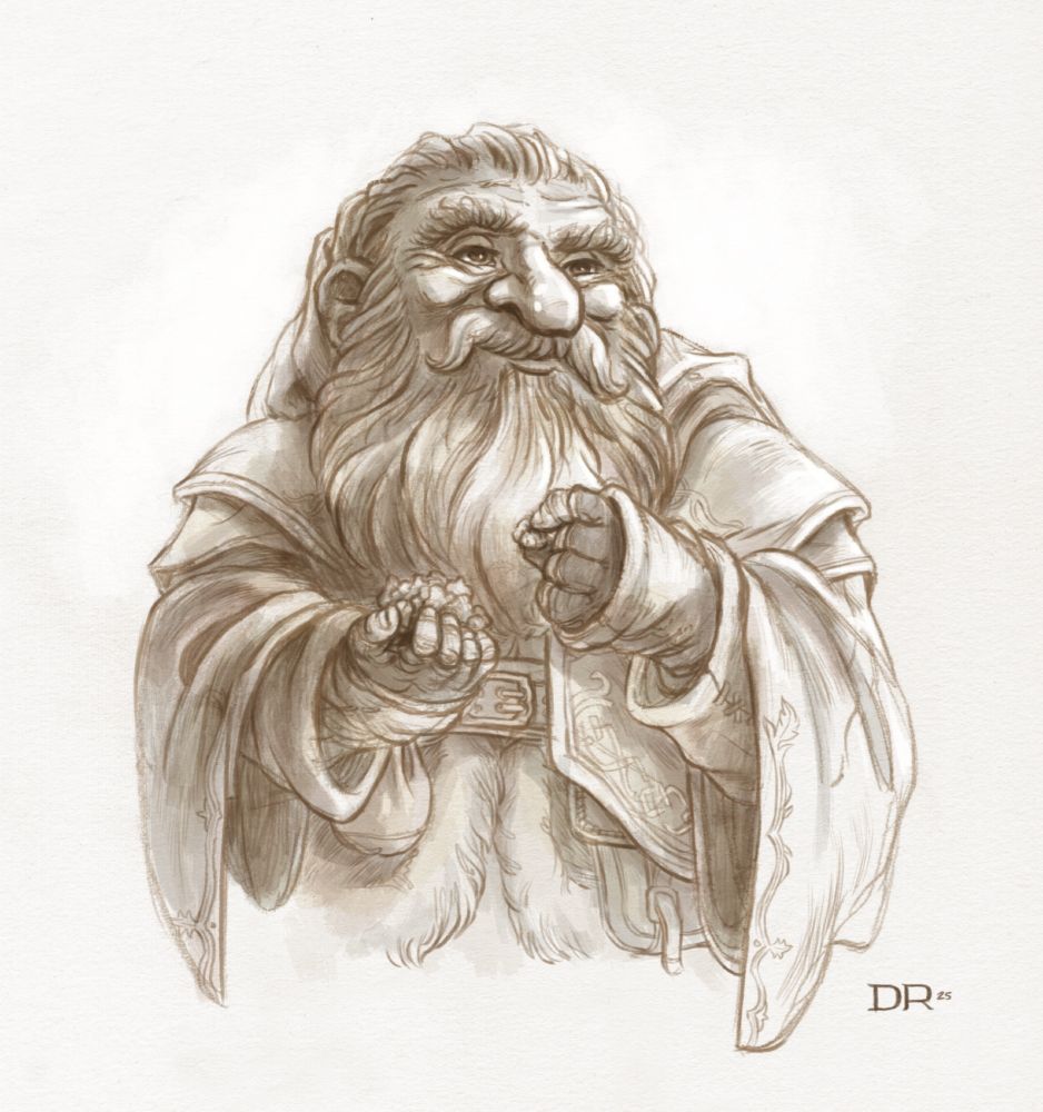 Dibujo de un sonriente enano barbudo comiendo nueces.