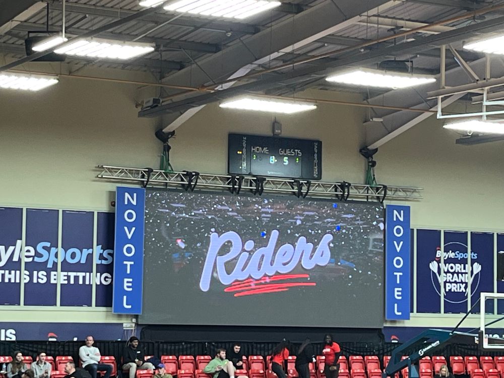 Scoreboard at Leicester Riders basketball club. Scoreboard used for advert as opposed to player scores/fouls
