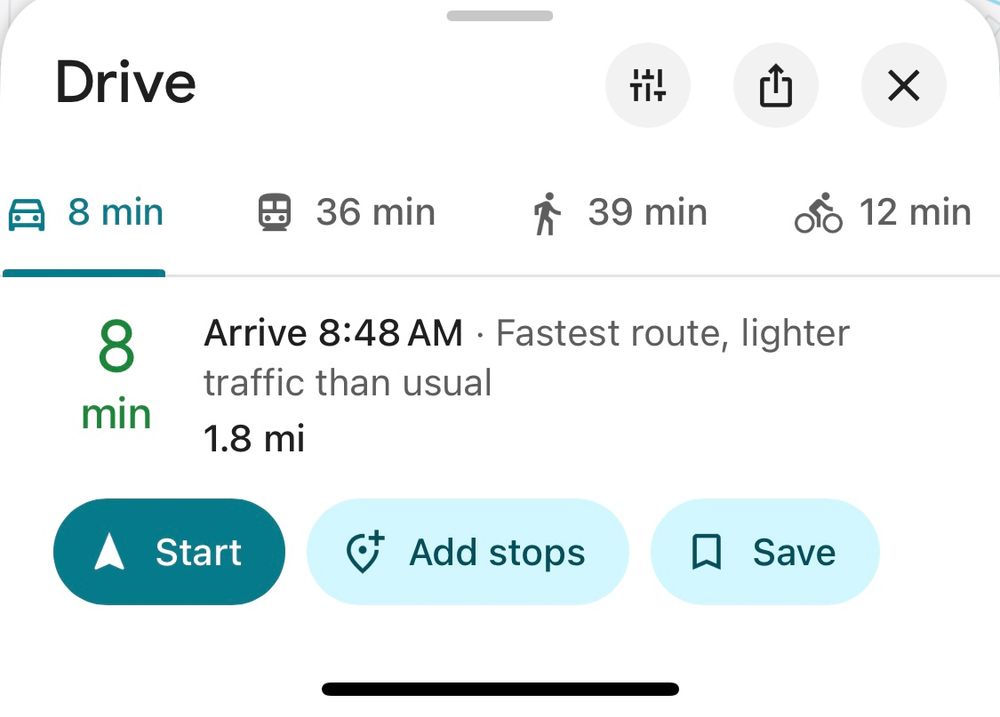 Google map directions showing that it would take 8 min by car, 36 min on bus, 39 min walking, or 12 min on bike.