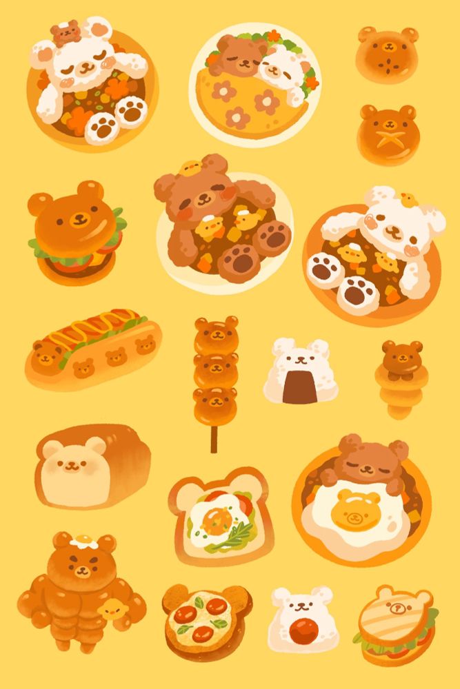 a variety of cute curry bear dishes as well as bear themed savory snacks like hot dogs, egg toast, pizza bagel, pastries and more on top of a warm yellow background. 