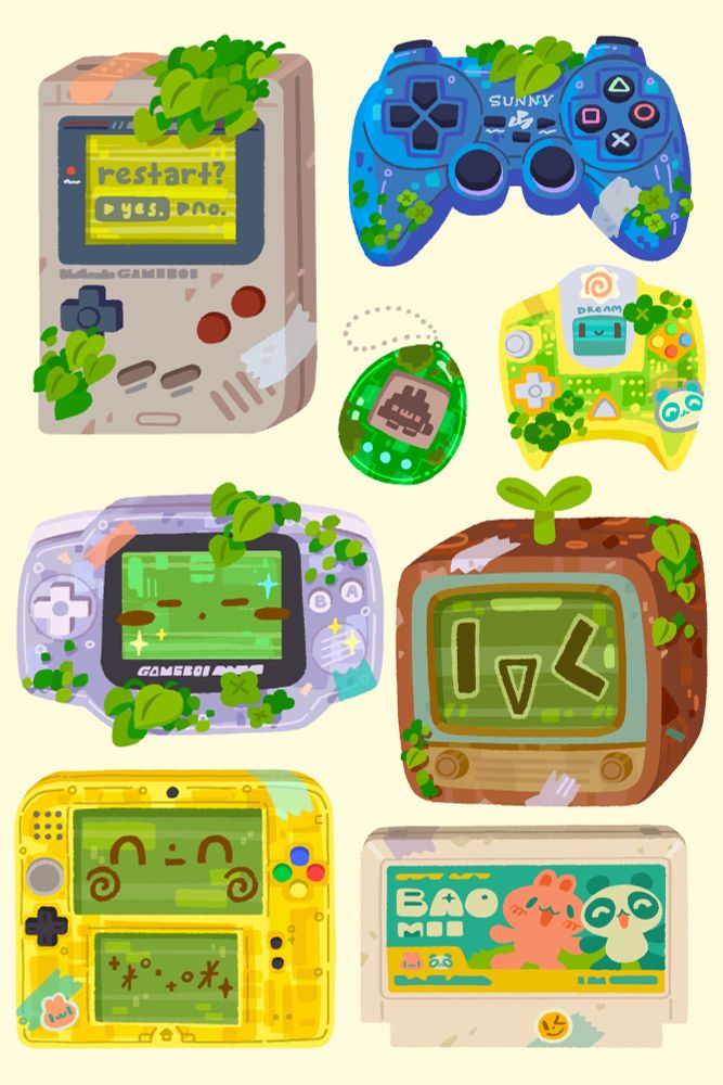 a digital illustration in lineless style featuring old video game consoles, toys, and controllers beaten up with dings and patched bandages, stickers, some partially covered in moss, clover and foliage. consoles include a yellow dreamcast, gray game boy, clear purple cased gameboy advance, yellow clear nintendo 2DS. there’s a blue sony controller, a custom nintendo game cartridge featuring baomii mascots bun + panda, a clear green tamagotchi, and retro wooden case TV with green screen display and a little sprout antenna on the top. the color palette is keyed in a bright cream yellow, featuring grays, yellows, greens, and blues.