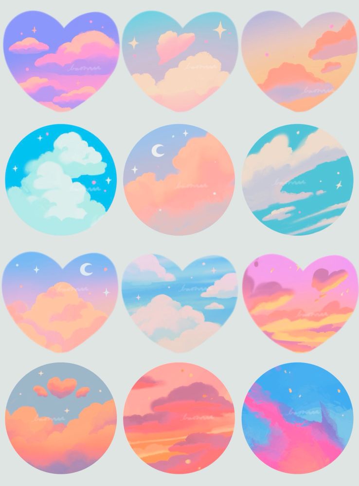 digital illustration of 21 different pastel cozy and fluffy cloud filled skies ranging from dusk till dawn. each sky is embellished by a small scatter of glittering stars. each illustration is composed within a heart or circle shape silhouette. the color palette is soft yet vibrant hues of oranges, pinks, purples and blues.