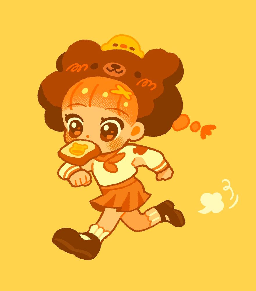 a orange haired pig tailed girl in a fluffy bear hat (with a tiny chick on its head) runs with a butter toast in mouth! she is wearing a cream and tan school girl uniform with scalloped white socks and dark brown mary janes. in her hurried run she is trailed behind by a little puff of dust. the illustration background is a solid warm yellow.