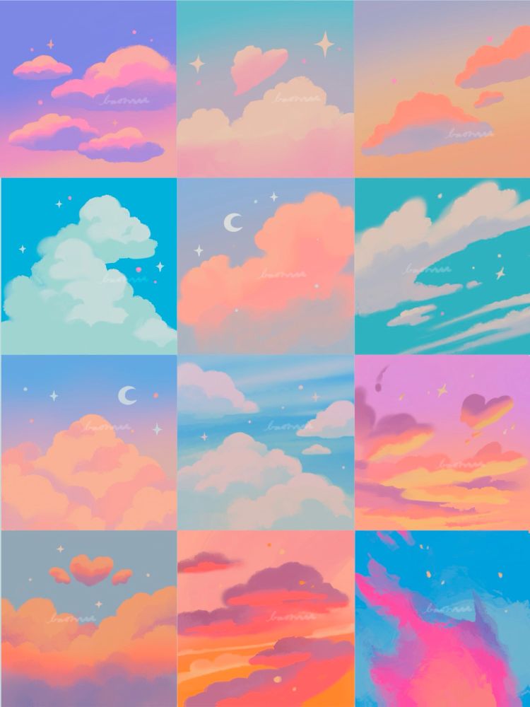 digital illustration of 21 different pastel cozy and fluffy cloud filled skies ranging from dusk till dawn. each sky is embellished by a small scatter of glittering stars. each illustration is composed within a square tile. the color palette is soft yet vibrant hues of oranges, pinks, purples and blues.