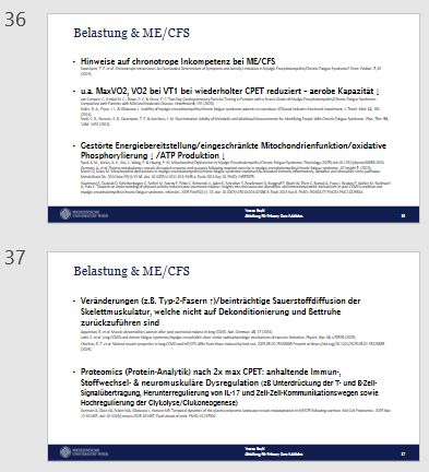Zwei Präsentationsfolien (36 & 37) in 2x1 Anordnung über Belastung & ME/CFS mit unterschiedlichen körperlichen Auffälligkeiten (nach Belastung)
