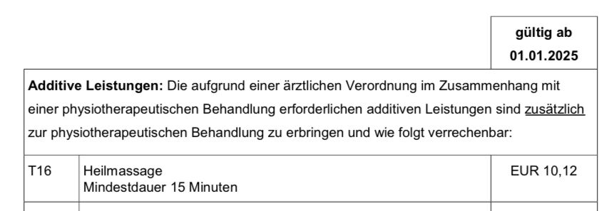 Screenshot aus Link 2: BVAEB Tarif Kostenrückerstattung für Heilmassage