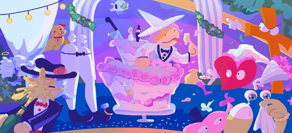 A drawing of a purple-haired girl with braids in a sparkly white suit bursting out of a wedding cake and licking frosting off of her finger. She is surrounded by sentient body parts all reacting differently to the sitatuation (crying, shock, consoling). A sentient Catholic cross is angrily pointing in a vague direction, and there's a large marshmallow peep in the background. A helicopter with a huge eyeball in-between green lips is in the sky. A boy with blue pigtails is popping a bottle of champagne into his face. A flower is visibly unamused by everything happening and is holding an ominous remote with a big red button.