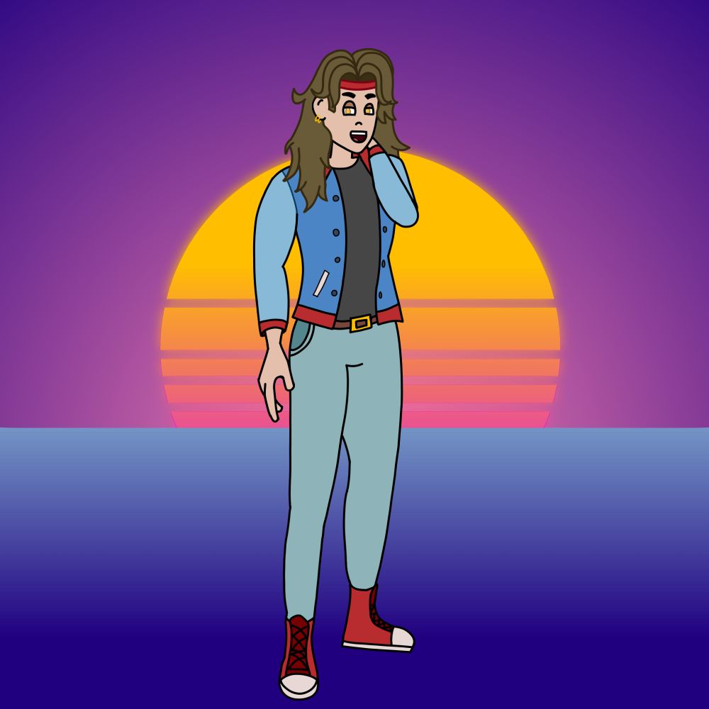 An illustration of Boron "The Moron" Chase, an original character by CreativeOwlet. He is man from the 80s, wearing a varsity jacket and sporting a very healthy mullet with a bandana bandana. He is seen looking aloof towards the viewer, hand behind his neck and smiling. In the background is a retrowave sunset.