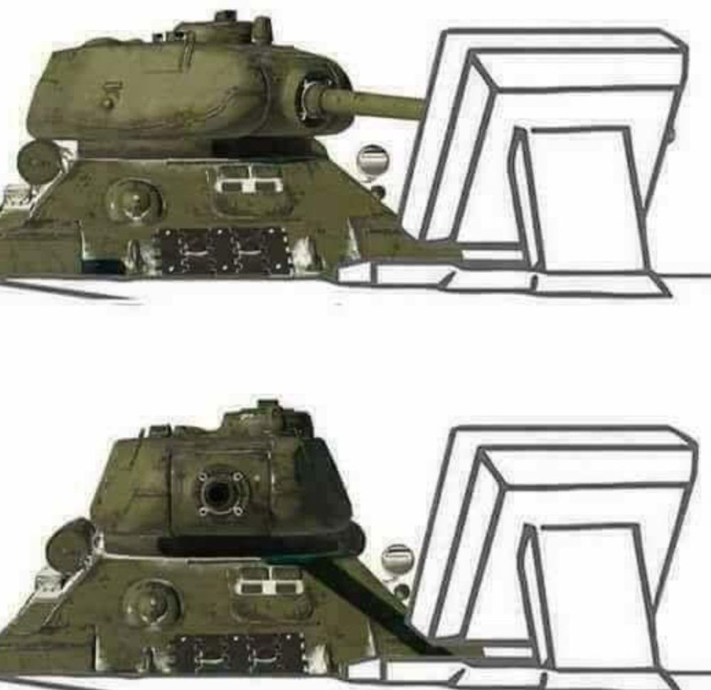 A T-34 medium tank looks at a computer monitor, then in the second panel below, it looks at the viewer as if it’s like saying “what the hell?”