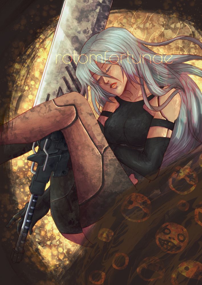 illustration of A2 from Nier Automata in the style of Gustav Klimt's "Danaë"; an android girl with white hair and black attire lays in a field of gold light in the fetal position, cradling an enormous sword. surrounding her is a delicate brown  cloth with figures of her enemies imprinted upon it.