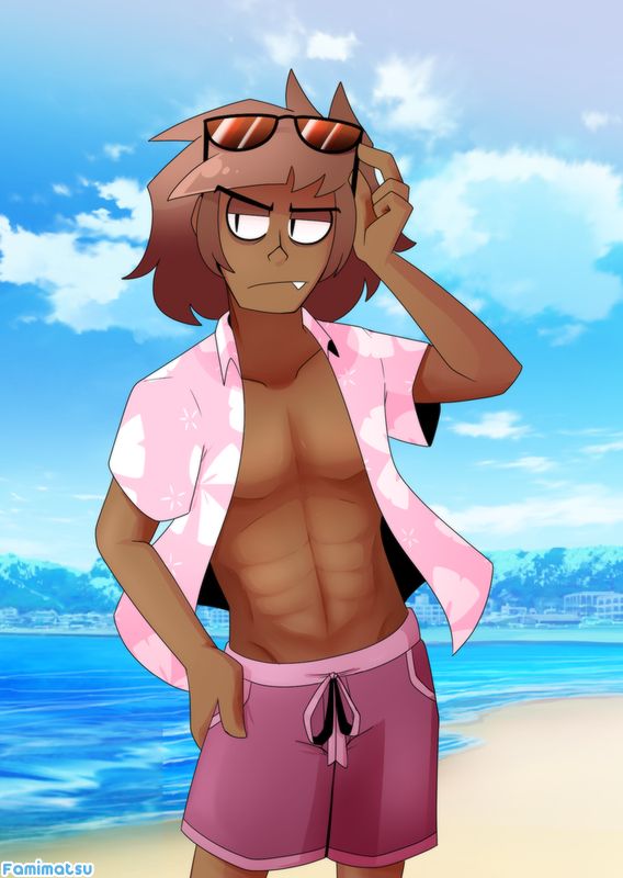 Drawing of Mura looking irritated at the beach. Probably because he can't go into water without sinking anyway so what's the point. This is from 2023.