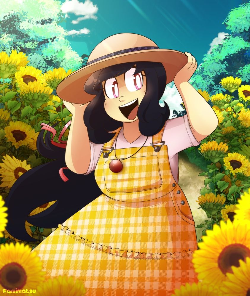 Kazu in a summer overall dress in a field of sunflowers