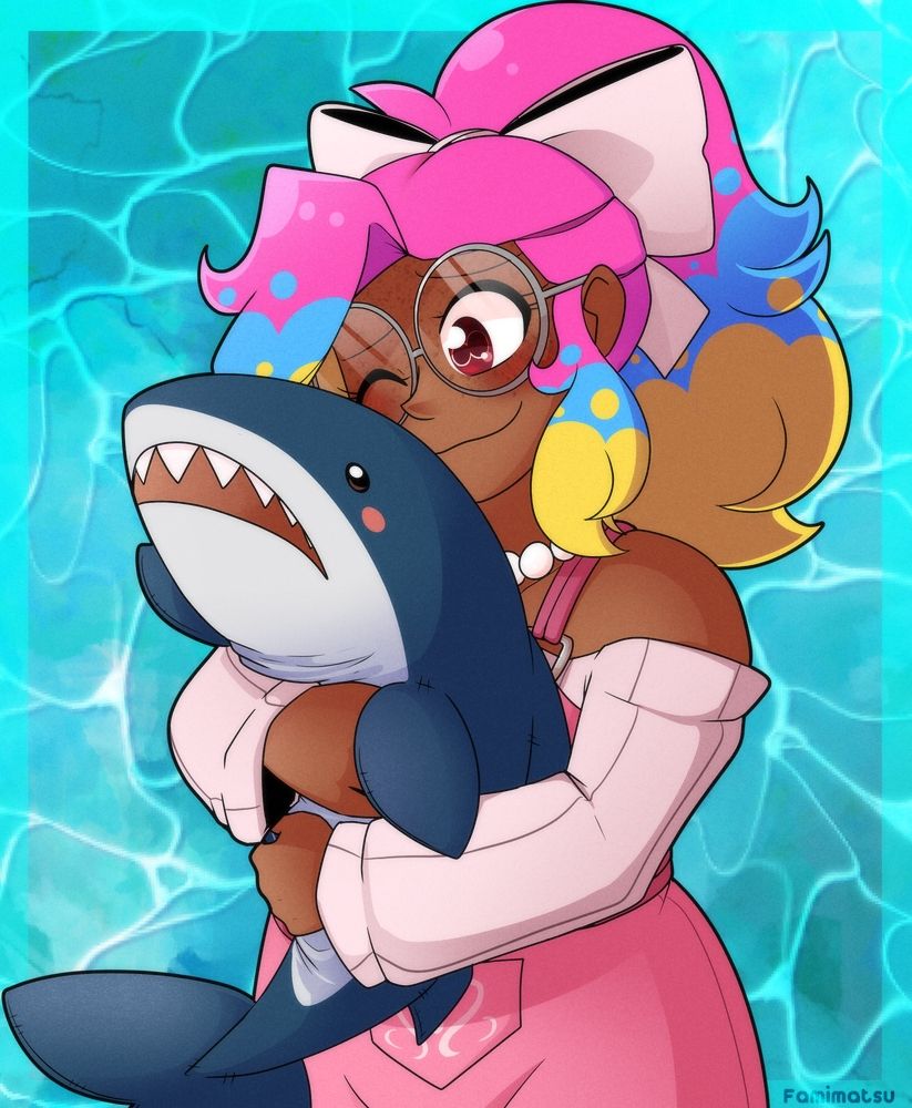Sketchytodd's OC Eyleen hugging a shark plush