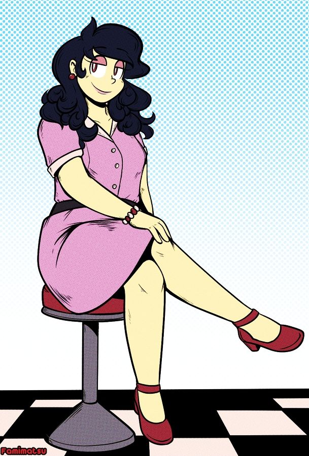 Kazu sitting on a diner stool wearing a sort of 50's styled pink housewife dress with heels