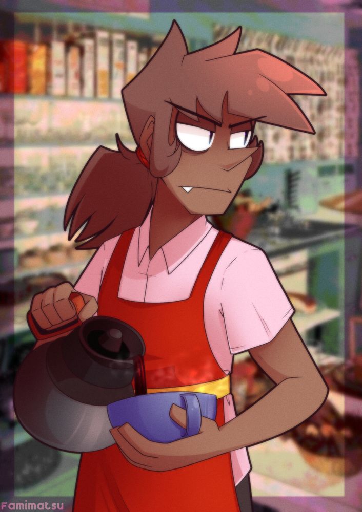 A drawing of Mura in an apron and one of his pink button down shirts pouring a coffee because bro makes good coffee. The background is an edited image from a 1950's Better Homes and Gardens.