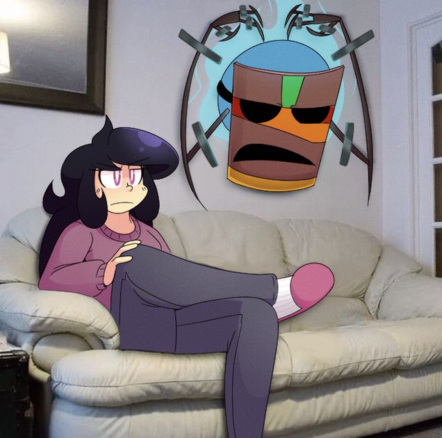 A redraw of the guy with a baby taped to the wall, only it's Kazu sitting on the couch, annoyed, with low form Mura secured to the wall instead