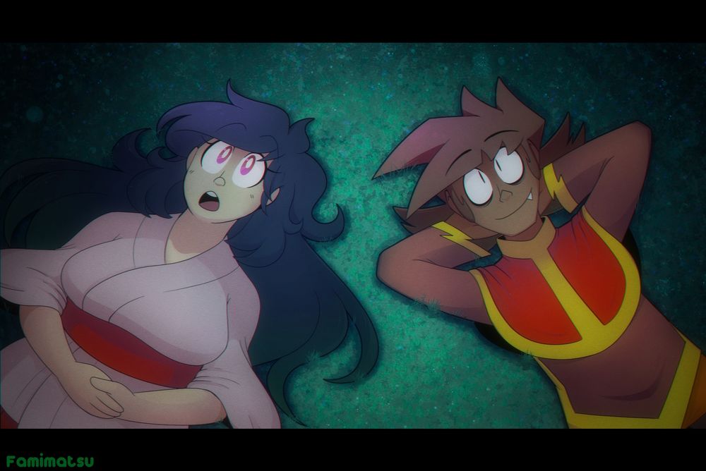 Kazu and Mura laying on the grass, looking at the stars. Kazu is talking.