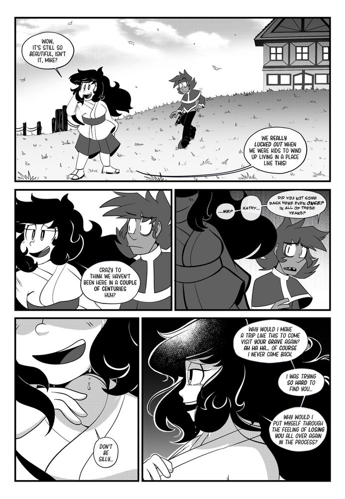 Comic of Kazu reflecting on how much she missed being Home, with Mura being confused at the idea that she never returned in all that time. Kazu replies that she couldn't bring herself to relive her loss before reuniting with her husband, so she didn't let herself come back.