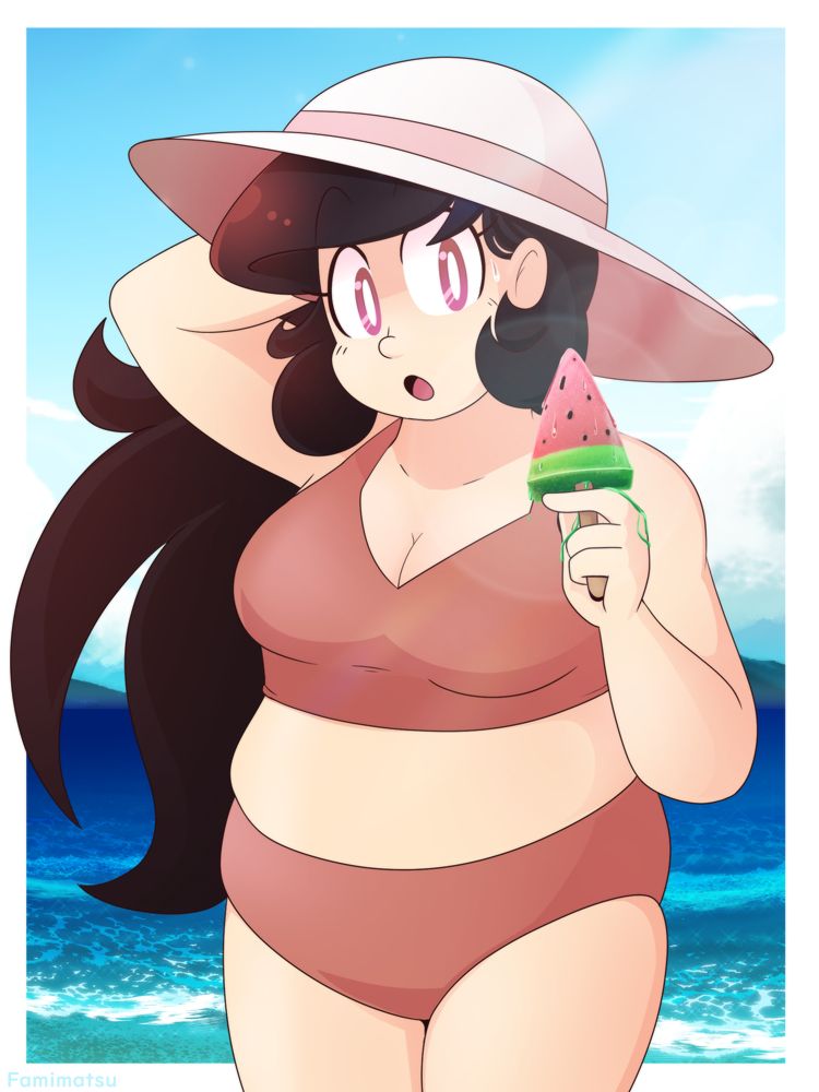 Drawing of Kazu in a swimsuit at the beach holding a melting watermelon popsicle. This is from 2022.