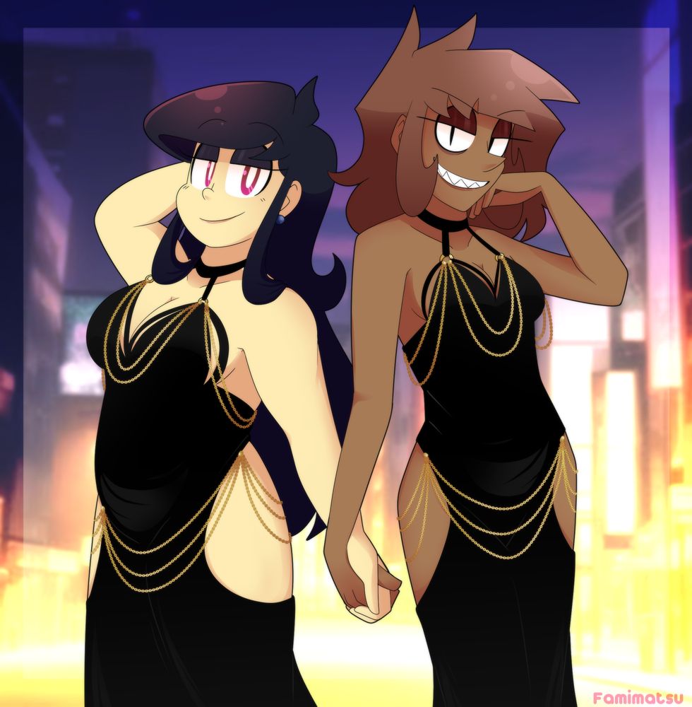 Kazu and Mura wearing that one viral black dress from a while back. For the occasion, Mura shapeshifted to appear more feminine. In his words, he failed to do the outfit justice without curves to fill it.