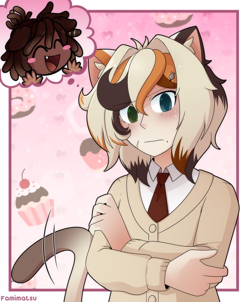 Drawing of their character Kyro thinking about their other character Azari and being flustered about it