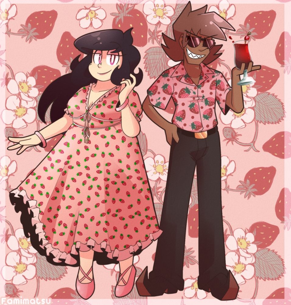 Kazu wearing the popular strawberry dress and Mura in a matching strawberry button down shirt