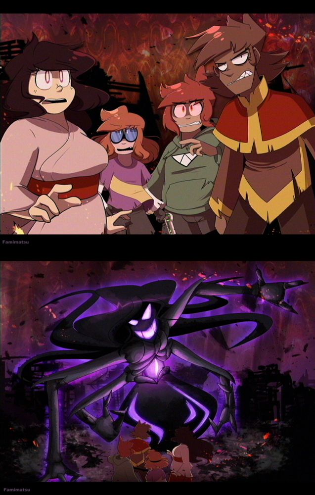 Two panel shot of the start of the canon final battle in Unblessed, DeSa family against the parasitic Late-Isdol, Wartonia