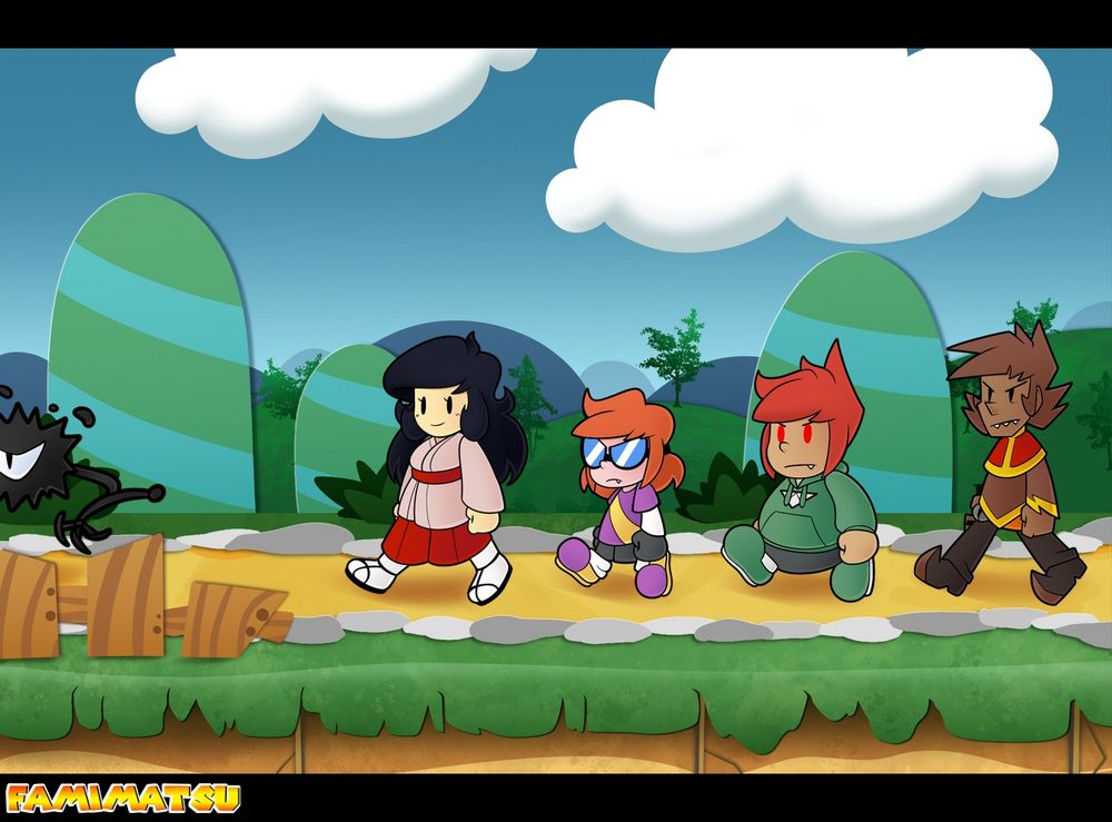 Paper Mario style DeSa family, also there's a Sporo there and I never draw Sporos in finished art it seems so that's a big deal
