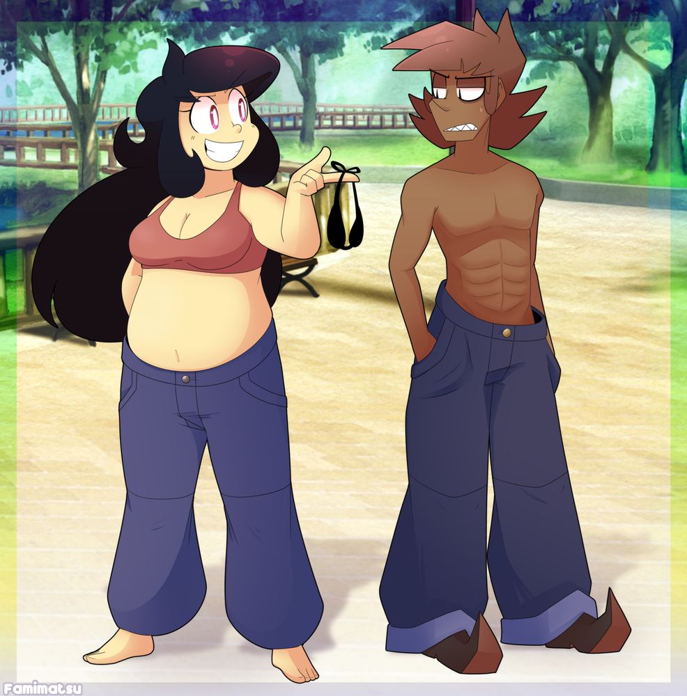 Kazu and Mura, both in large jeans. Kazu is wearing her swim top, and holding out a small one to Mura with a grin on her face. Mura is looking at it disapprovingly, as he does not want to put it on.