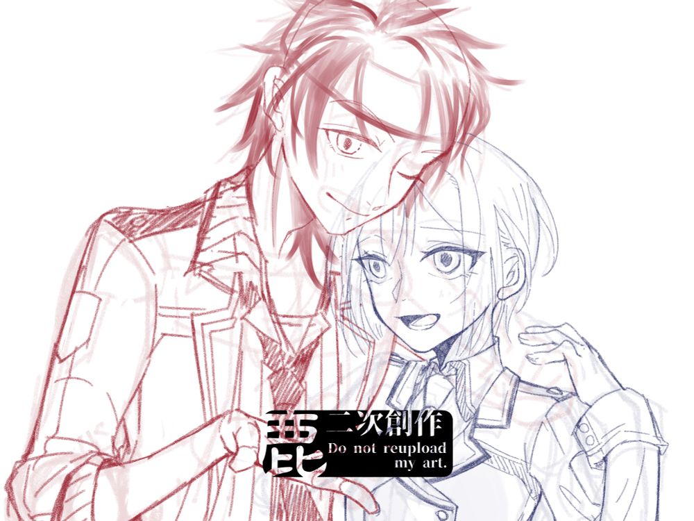 男女一組を描いたラフイラスト。
男性が女性の肩を抱き寄せ、女性はそれに対して少し眉根を下げつつ困ったようなしかし満更でもないような雰囲気で笑っている。