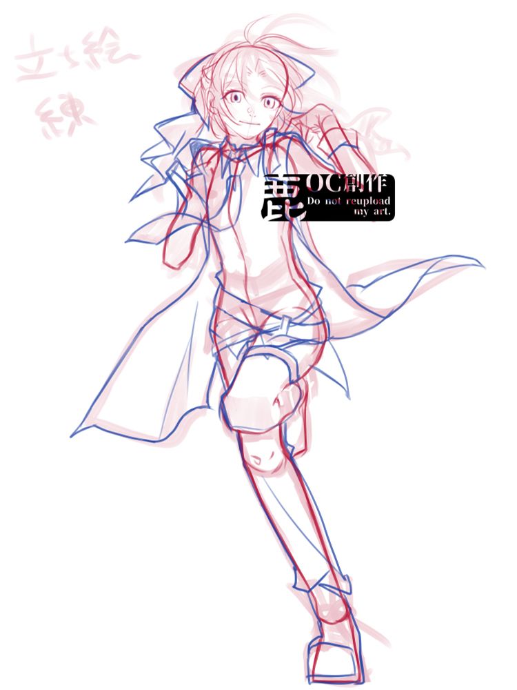 女性一人の全身が描かれたラフイラスト。
頭の後ろに大きめのリボン、膝丈のコート着用、片足をあげて躍動感のあるポーズを取っている。
背景は白く、「立ち絵練」と手書き文字で書かれている。