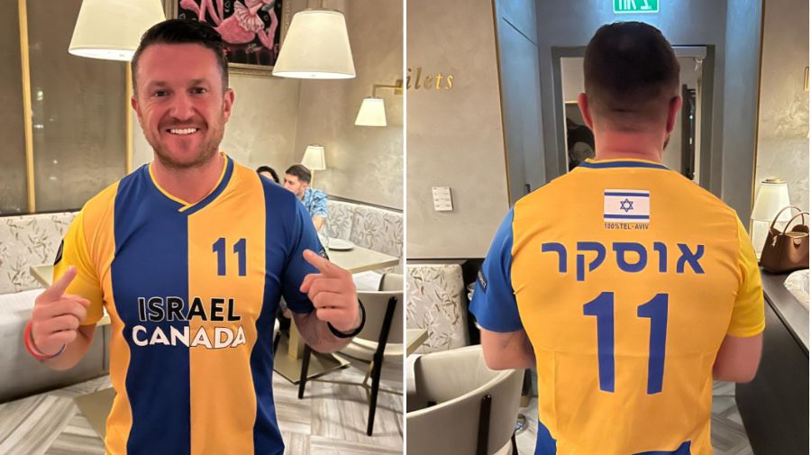 Right wing rabble rouser Stephen Yaxley Lennon posing in a football shirt of Israeli football team Maccabi Tel Aviv. He boasted that he'd be at the game at Villa Park tonight, though away fans from Israel will not be admitted.