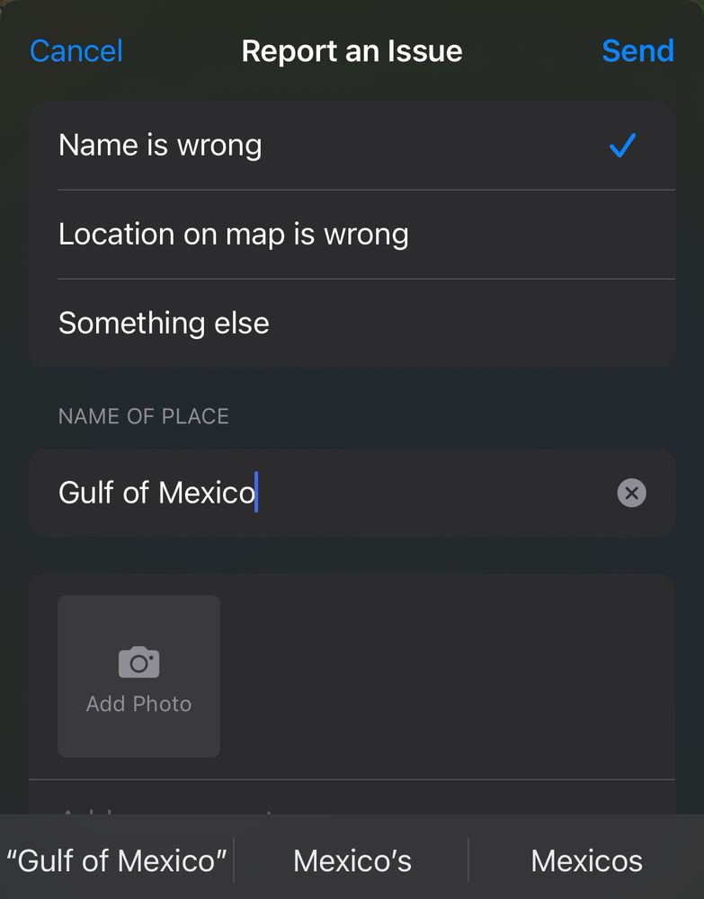Screenshot of Apple Maps incorrect location name for Gulf of Mexico