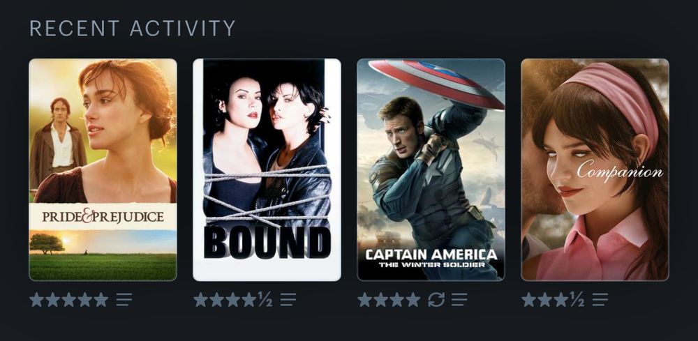 letterboxd recent activity: pride & prejudice (2005); bound (1996); captain america: winter soldier (2014); companion (2025)