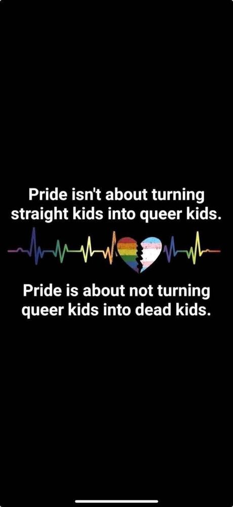 Two lines of text surround a rainbow coloured line emulating a heart monitor with a heart in the middle that is half gay flag colors and half trans flag colors. The text reads:
Pride isn't about turning straight kids into queer kids.
Pride is about not turning queer kids into dead kids.