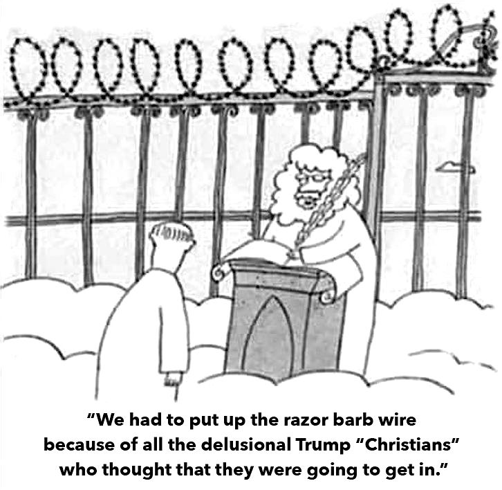 Cartoon of heaven with the gates topped with barbed wire. St Peter tells a newcomer "We had to put up the razor barbed wire because of all the delusional trump" Christians" who thought they were going to get in. 