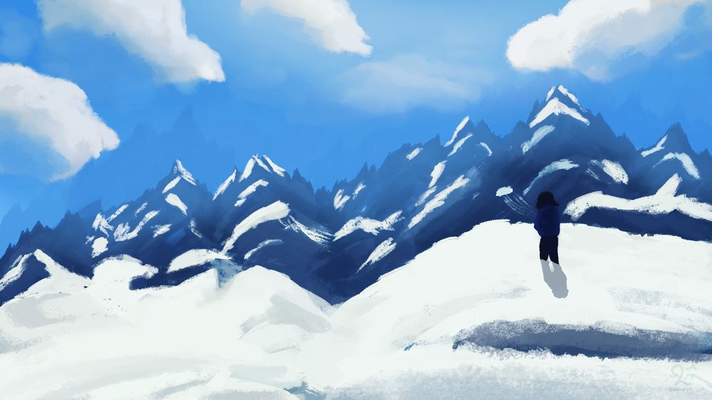 A Digital painting of a snowy, blueish frozen mountains. On the right there's a subject stepping on the snow watching the mountains. 