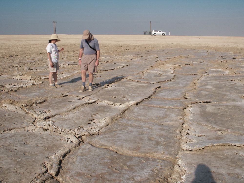 Two people standing in a flat landscape with metre scale halite polygons.
