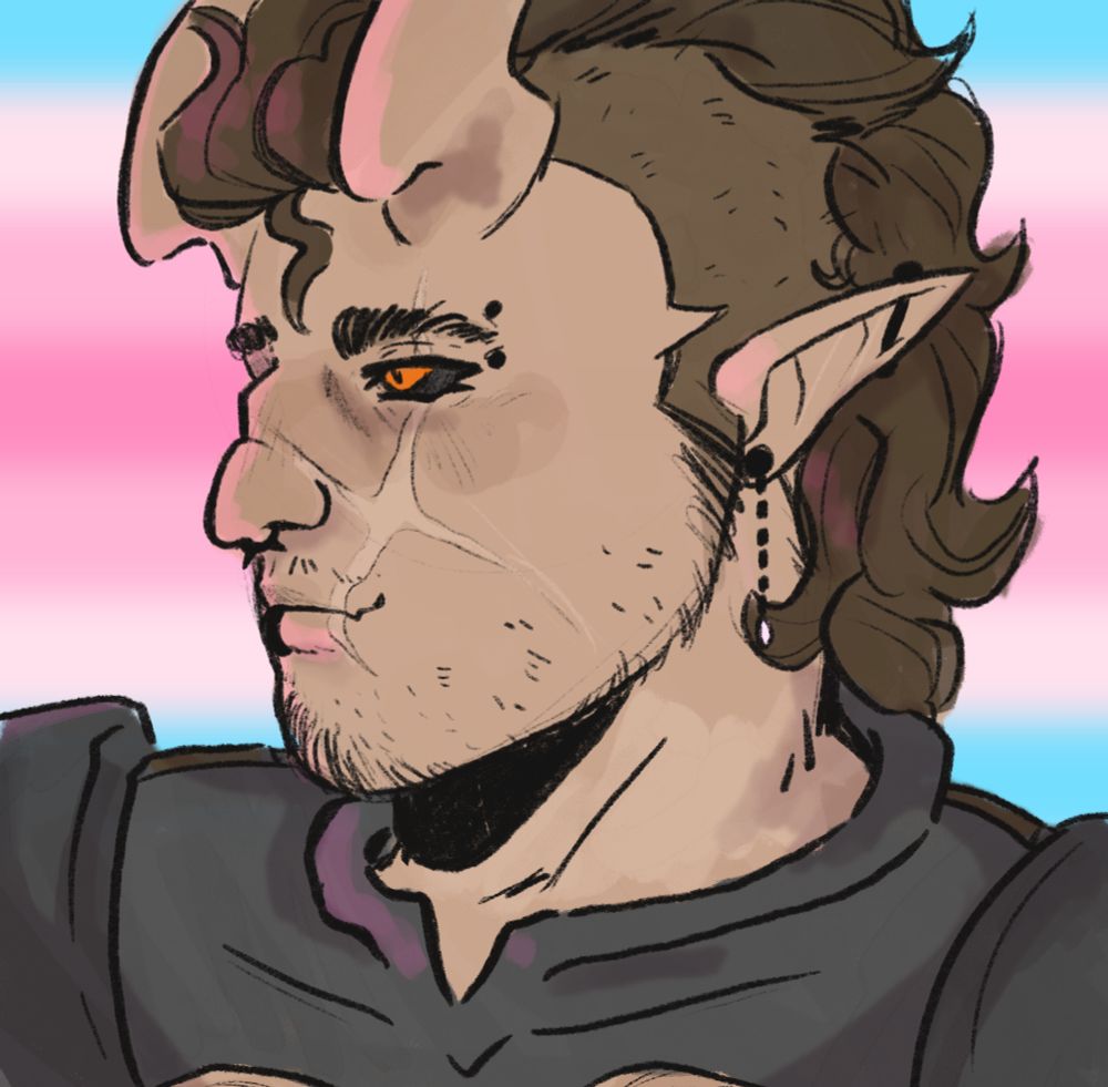 a rough colored and quickly rendered drawing of helsknight from the shoulders up. he is wearing armor but to helmet, looking to the side and smiling slightly. behind her is the blurred colors of the transfem flag.
