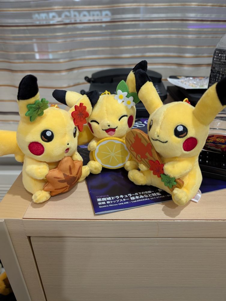 Three exclusive Hiroshima pokemon center Pikachu plushes