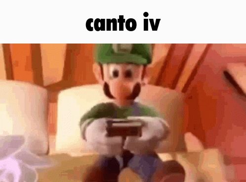 Luigi falling asleep with the caption "canto iv", highlighting its infamy due to its sheer length caused by filler battles