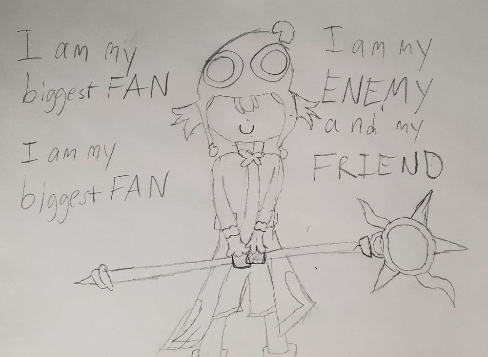 Red Amitie posing with her cane, featuring lyrics from Mili's "Hero"
"I am my biggest FAN/I am my biggest FAN/I am my ENEMY and my FRIEND"
