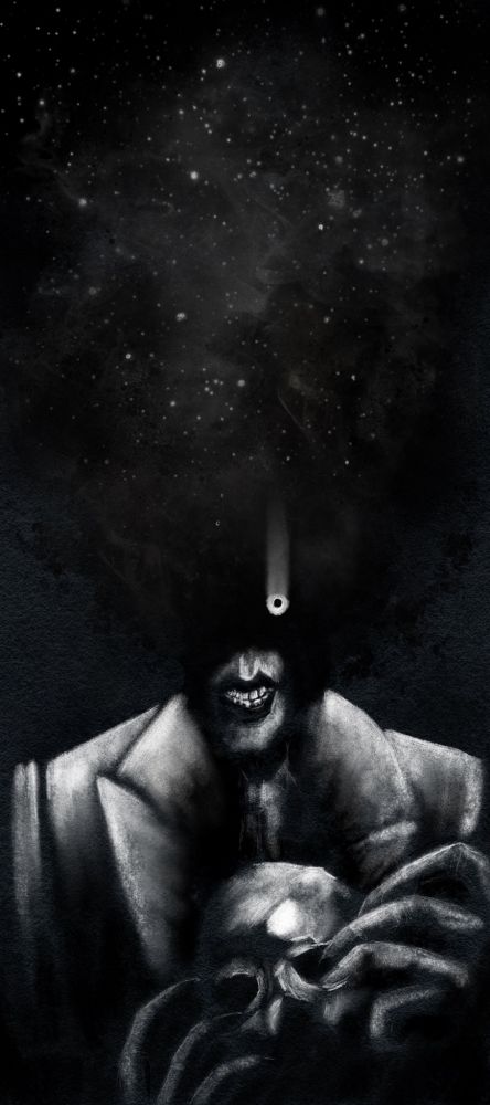 A black and white image of Papa V unmasked. His head is a column of black smoke and twinkling stars. His evil mouth is accentuated