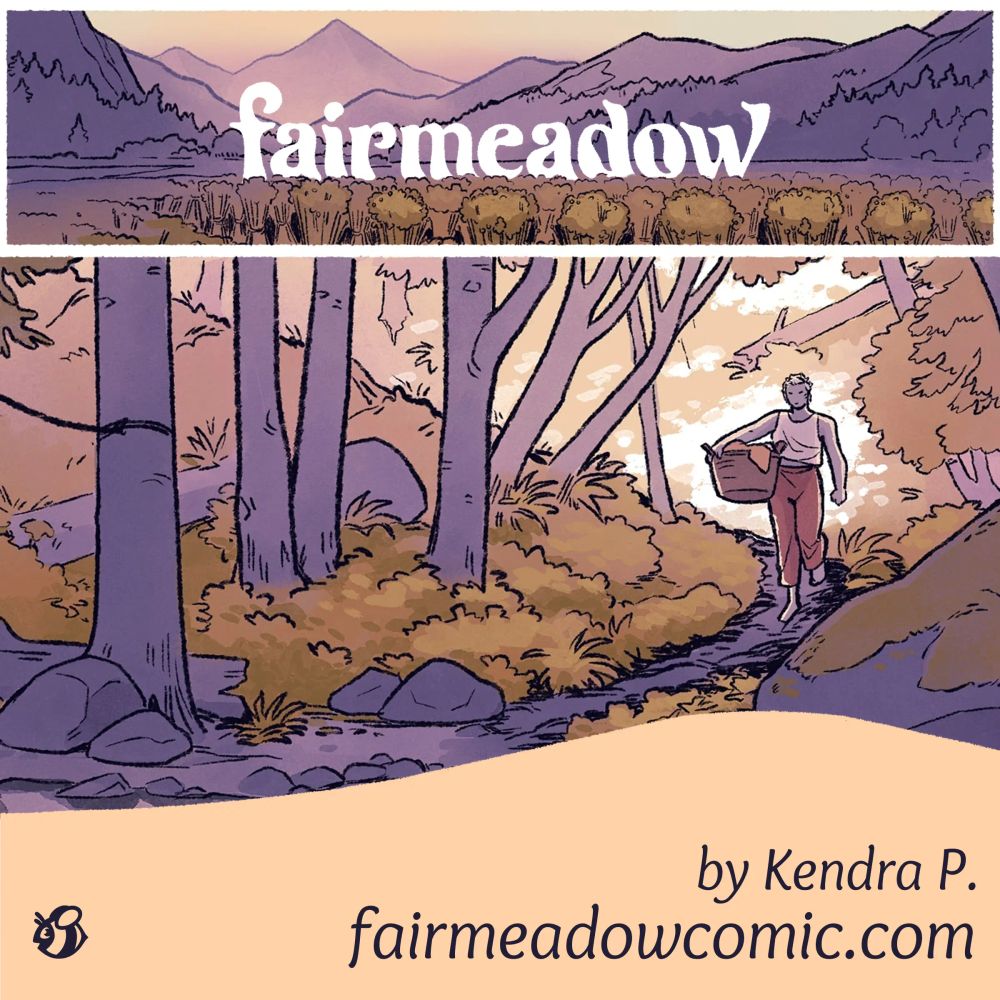 Image features Goma, the lead character of the comic Fairmeadow, traveling through the woods in the morning. She is carrying laundry in a basket in one hand.