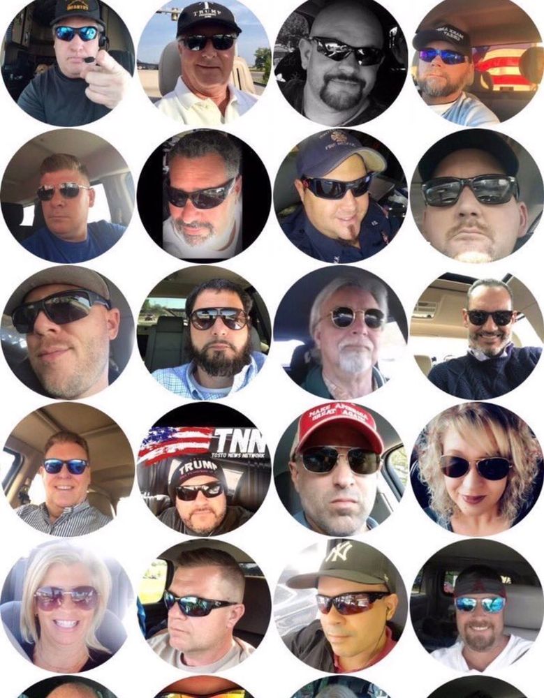 A collage of 20 Twitter user avatars featuring Trump supporters in sunglasses.
