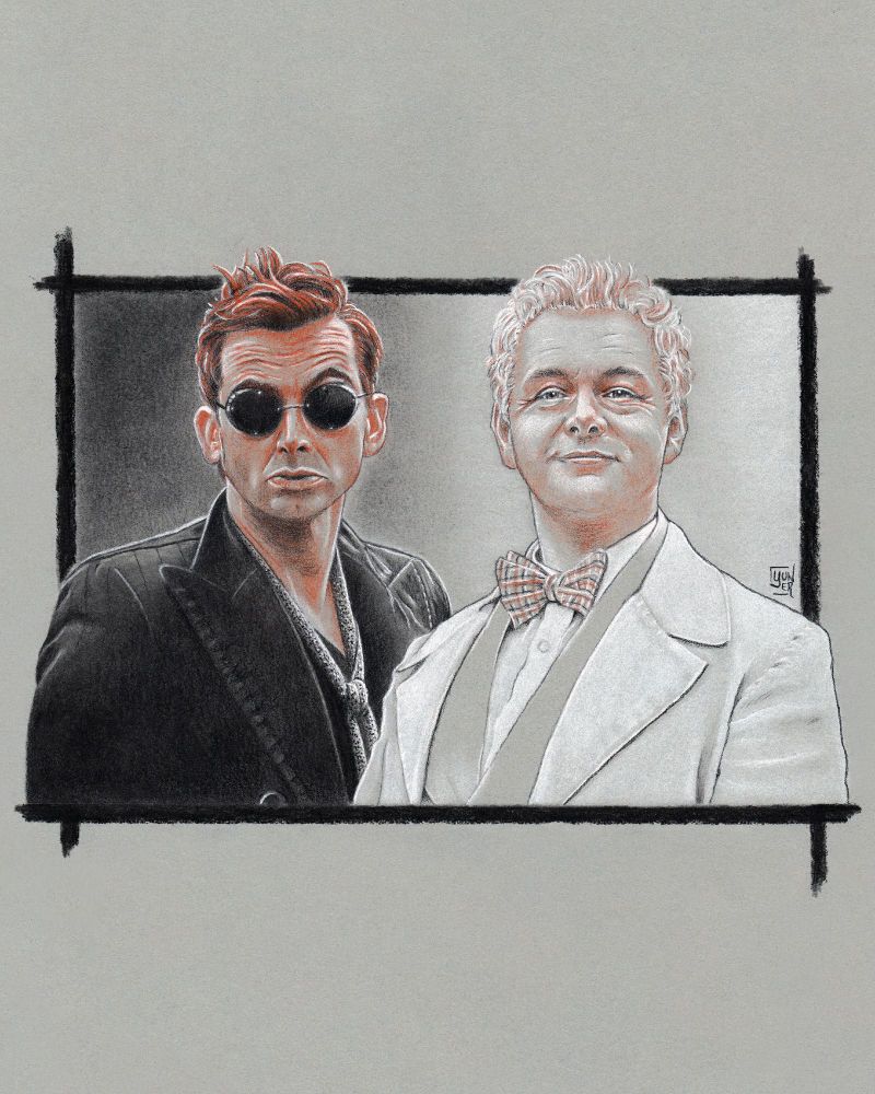 Portrait of Crowley (David Tennant) and Aziraphale (Michael Sheen) from Good Omens series, made with Pierre Noire, sanguine and white chalck on grey toned paper.