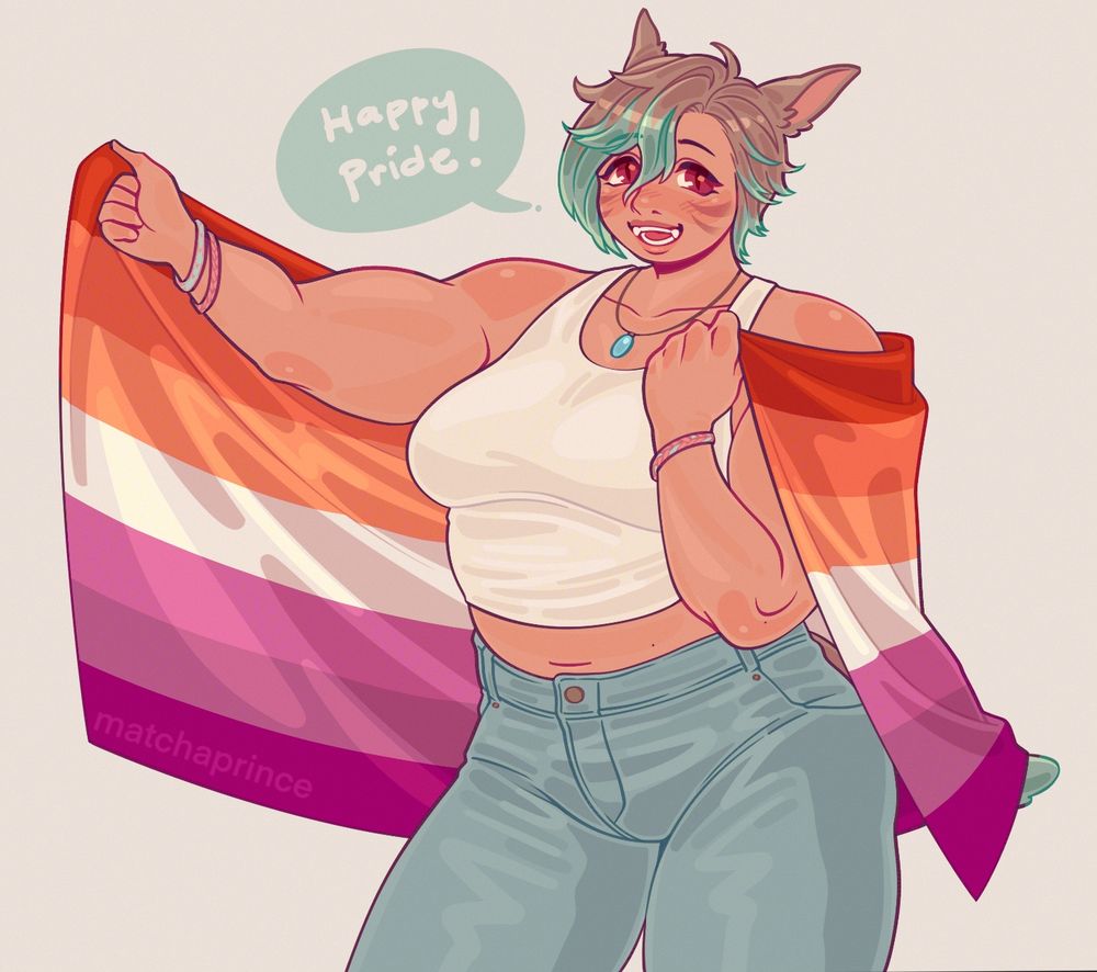 Drawing of a Miqo’te holding the Lesbian flag over her left shoulder while extending her right arm to show it off.