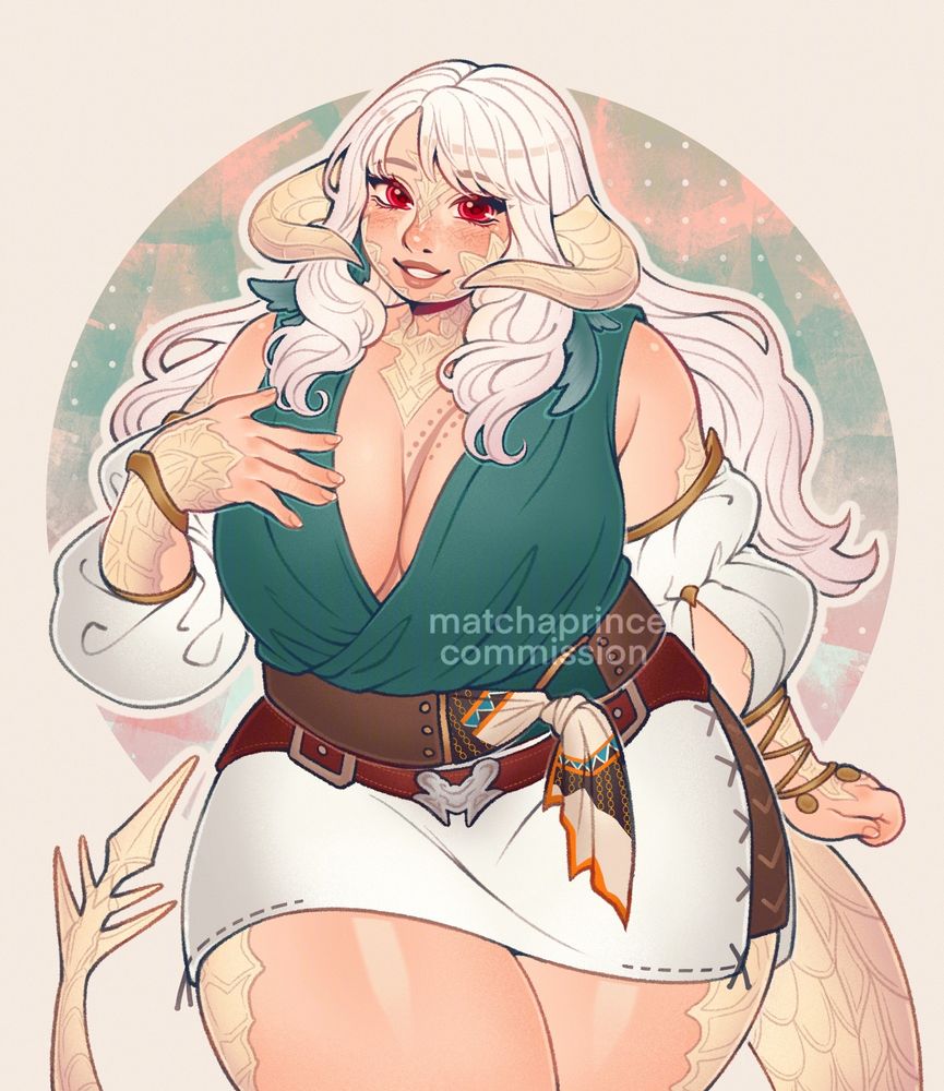 Illustration of an Au ra woman posing with her right hand on her chest, smiling at the viewer.